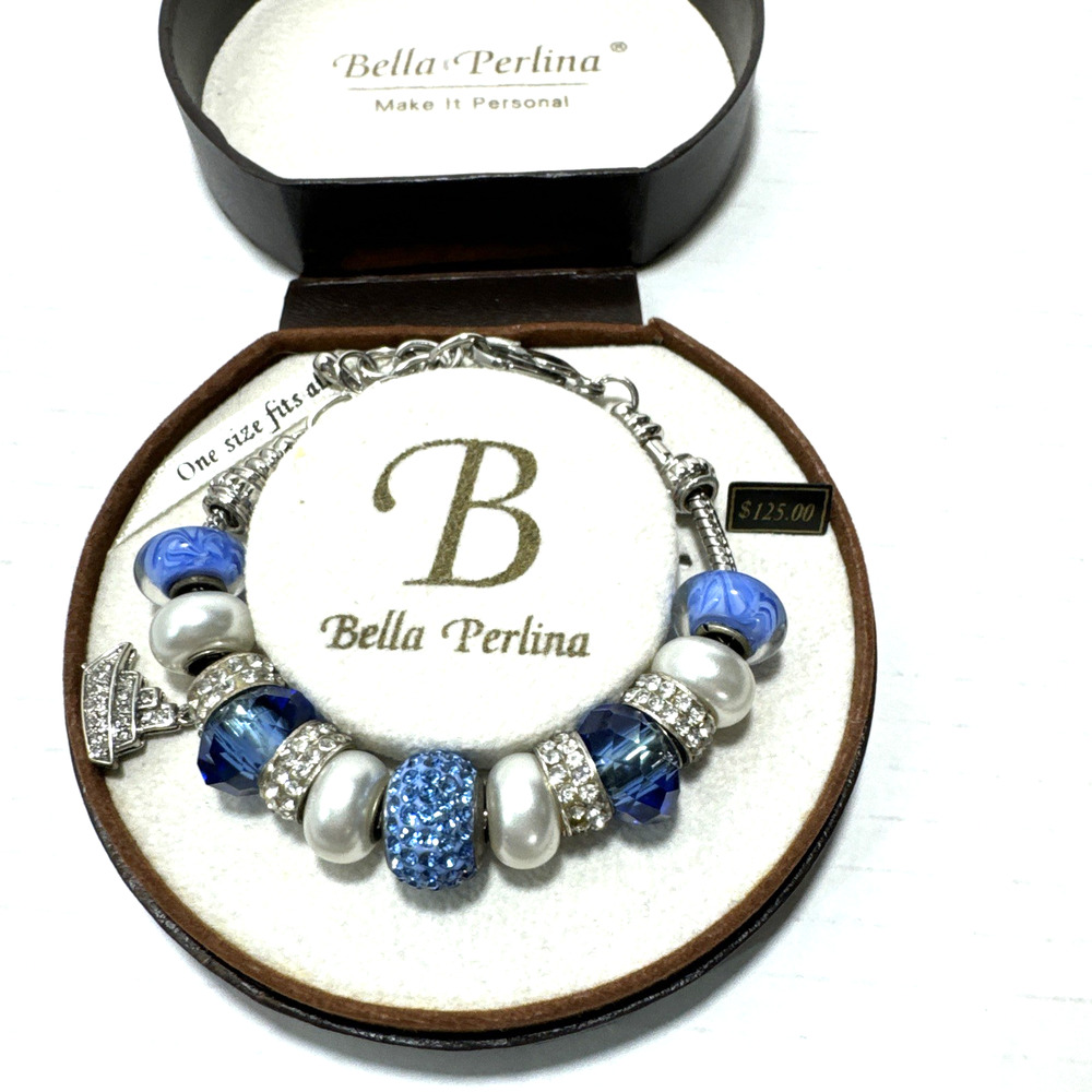 Bella Perlina Blue/Silver Crystal Bead Bracelet Cruise Slider Charm Sparkle Box